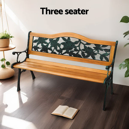 Gardeon Outdoor Garden Bench Seat 126cm Wooden Cast Iron 3 Seater Patio Furniture.