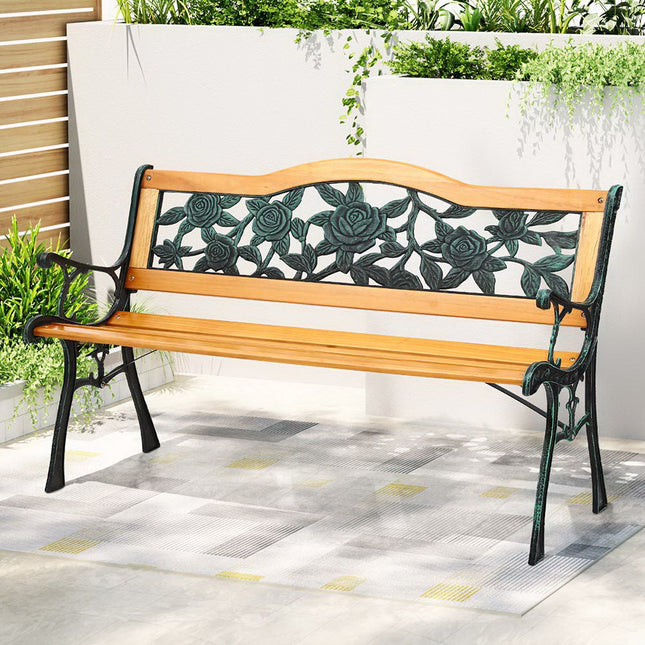 Gardeon Outdoor Garden Bench Seat 126cm Wooden Cast Iron 3 Seater Patio Furniture.