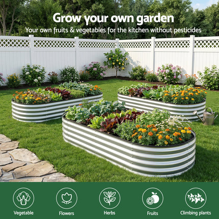 Green Fingers Raised Garden Bed Galvanised Oval Metal Planter Box Large Outdoor 120x60x30cm Silver.