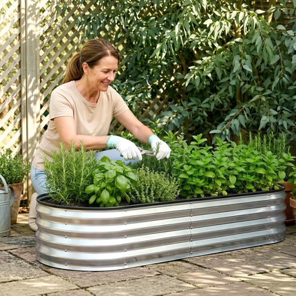 Green Fingers Raised Garden Bed Galvanised Oval Metal Planter Box Large Outdoor 120x60x30cm Silver.