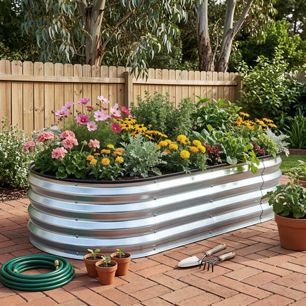 Green Fingers Raised Garden Bed Galvanised Oval Metal Planter Box Large Outdoor 120x60x30cm Silver.