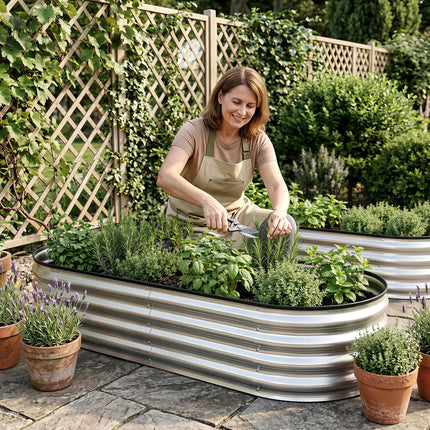 Green Fingers Raised Garden Bed Galvanised Oval Metal Planter Box Large Outdoor 150x70x30cm Silver.