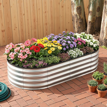 Green Fingers Raised Garden Bed Galvanised Oval Metal Planter Box Large Outdoor 150x70x30cm Silver.