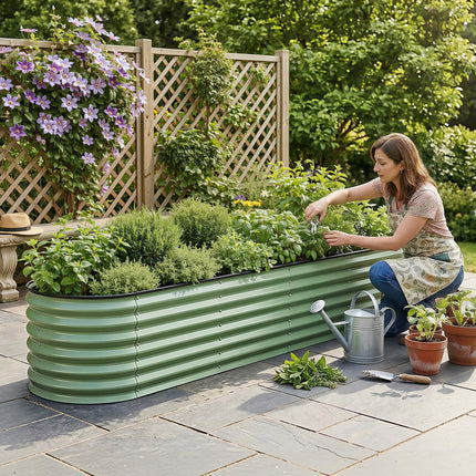 Green Fingers Oval Raised Garden Bed Galvanised Planter Box Rust Resistant 240x60x45cm Green.