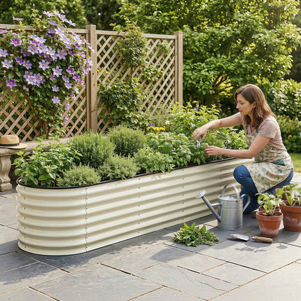 Green Fingers Oval Raised Garden Bed Galvanised Planter Box Rust Resistant 240x60x45cm White.