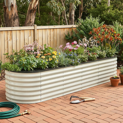 Green Fingers Oval Raised Garden Bed Galvanised Planter Box Rust Resistant 240x60x45cm White.