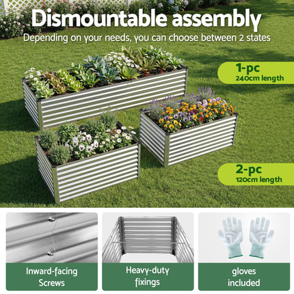 Green Fingers Raised Garden Bed 2 in 1 Modular Galvanised Planter Box Rust Resistant 240x80x60cm.