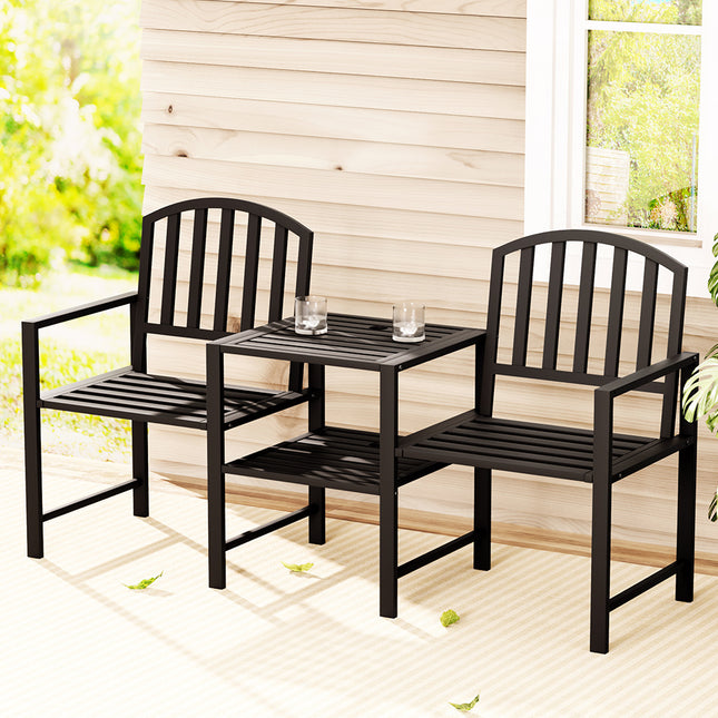Gardeon Outdoor Garden Bench Seat Loveseat Steel Table Chairs Patio Furniture Black.