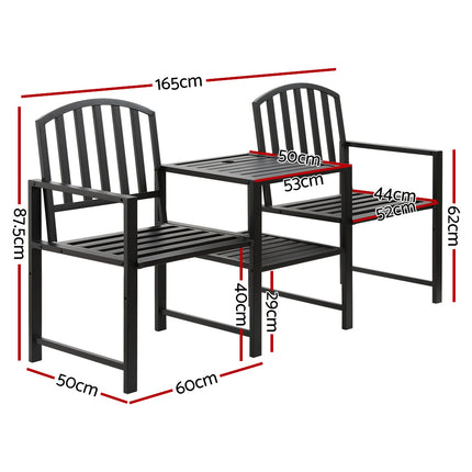 Gardeon Outdoor Garden Bench Seat Loveseat Steel Table Chairs Patio Furniture Black.