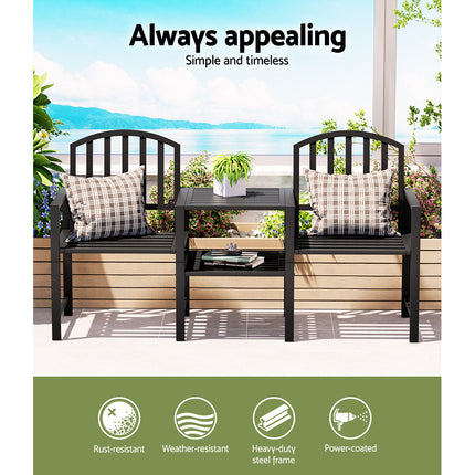 Gardeon Outdoor Garden Bench Seat Loveseat Steel Table Chairs Patio Furniture Black.