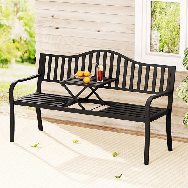 Gardeon Outdoor Garden Bench Seat Loveseat Steel Foldable Table Patio Furniture Black.