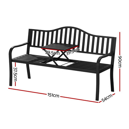 Gardeon Outdoor Garden Bench Seat Loveseat Steel Foldable Table Patio Furniture Black.