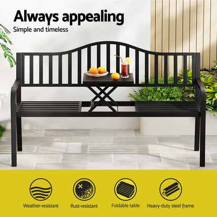 Gardeon Outdoor Garden Bench Seat Loveseat Steel Foldable Table Patio Furniture Black.