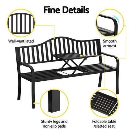 Gardeon Outdoor Garden Bench Seat Loveseat Steel Foldable Table Patio Furniture Black.