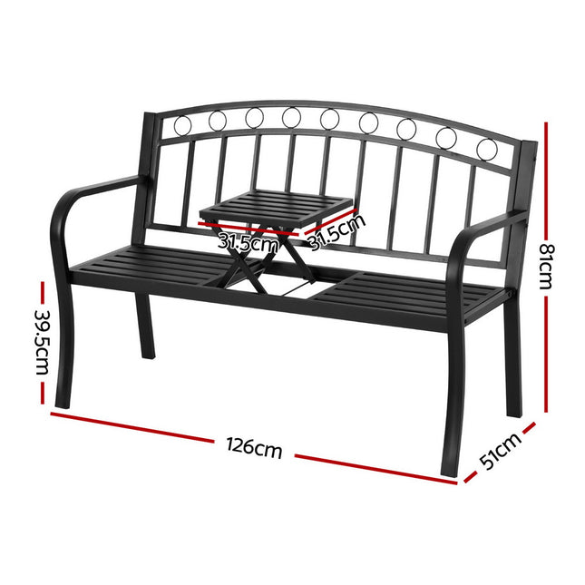 Gardeon Outdoor Garden Bench Seat Loveseat Steel Foldable Table Patio Furniture Black.