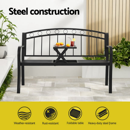 Gardeon Outdoor Garden Bench Seat Loveseat Steel Foldable Table Patio Furniture Black.