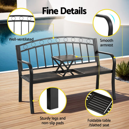Gardeon Outdoor Garden Bench Seat Loveseat Steel Foldable Table Patio Furniture Black.