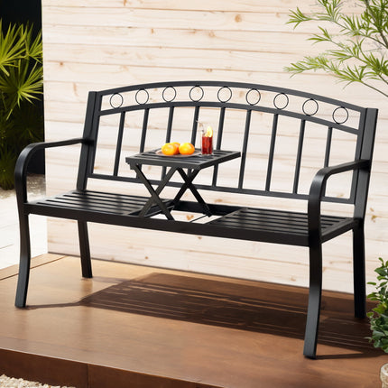 Gardeon Outdoor Garden Bench Seat Loveseat Steel Foldable Table Patio Furniture Black.