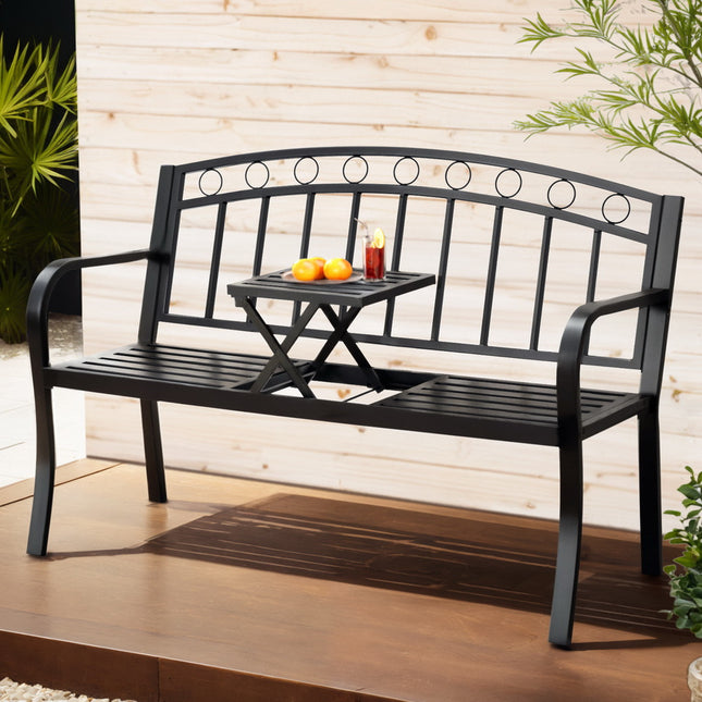 Gardeon Outdoor Garden Bench Seat Loveseat Steel Foldable Table Patio Furniture Black.