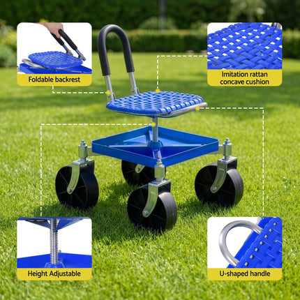 Gardeon Garden Cart Seat Rolling Stool 360 Swivel Height Adjustable Heavy Duty Blue