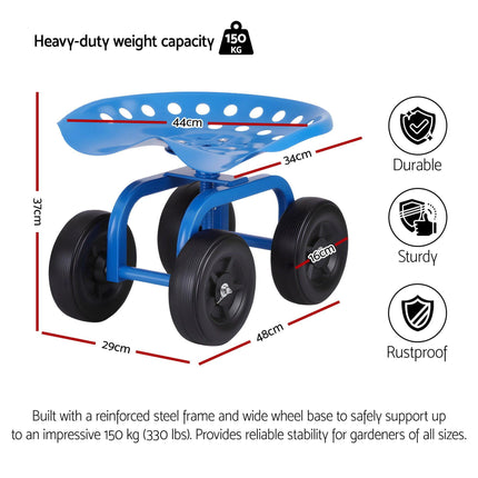 Gardeon Garden Seat 360 Swivel Rolling Adjustable Height Work Scooter Cart Wheels Heavy Duty 150kg.
