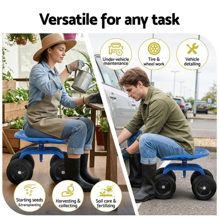 Gardeon Garden Seat 360 Swivel Rolling Adjustable Height Work Scooter Cart Wheels Heavy Duty 150kg.