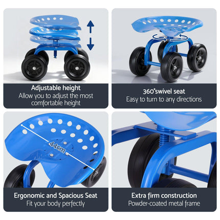 Gardeon Garden Seat 360 Swivel Rolling Adjustable Height Work Scooter Cart Wheels Heavy Duty 150kg.