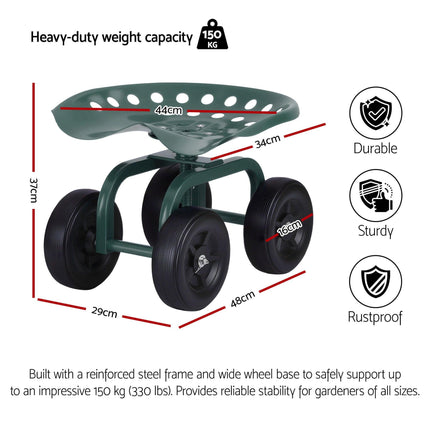 Gardeon Garden Seat 360 Swivel Rolling Adjustable Height Work Scooter Cart Wheels Heavy Duty 150kg.