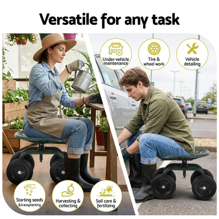 Gardeon Garden Seat 360 Swivel Rolling Adjustable Height Work Scooter Cart Wheels Heavy Duty 150kg.