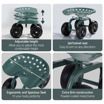 Gardeon Garden Seat 360 Swivel Rolling Adjustable Height Work Scooter Cart Wheels Heavy Duty 150kg.