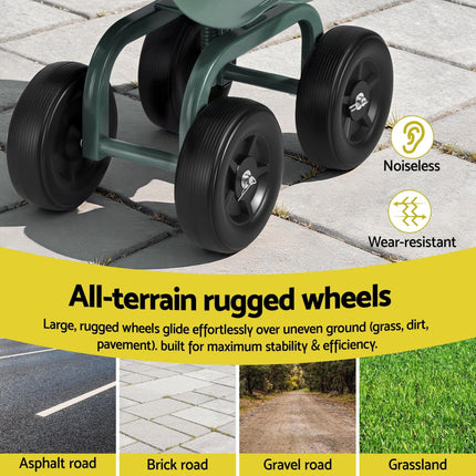 Gardeon Garden Seat 360 Swivel Rolling Adjustable Height Work Scooter Cart Wheels Heavy Duty 150kg.