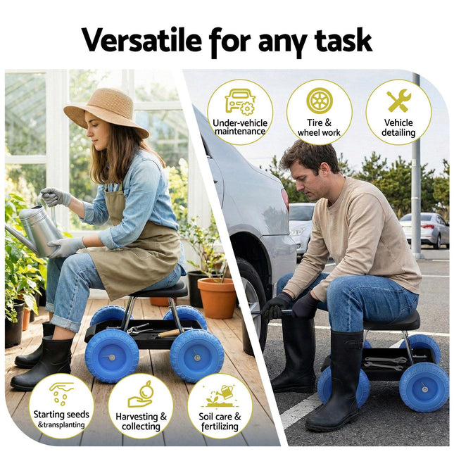 Gardeon Garden Cart Seat with Wheels, Rolling Work Stool with Tool Storage Tray, 440lbs (200kg) Heavy Duty Capacity Garden Stool for Outdoor Yard Work, Car Detailing, and Garage Maintenance, Blue/Black.