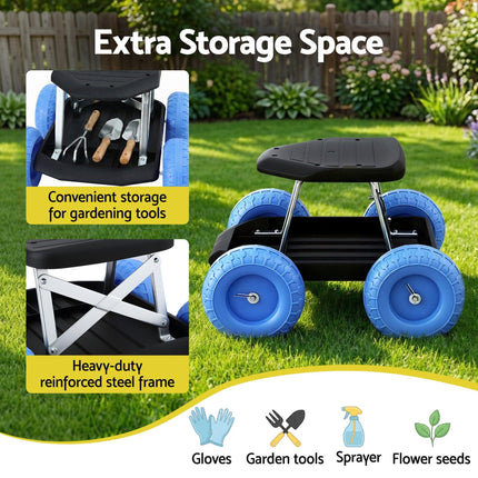 Gardeon Garden Cart Seat with Wheels, Rolling Work Stool with Tool Storage Tray, 440lbs (200kg) Heavy Duty Capacity Garden Stool for Outdoor Yard Work, Car Detailing, and Garage Maintenance, Blue/Black.