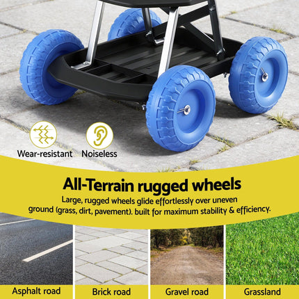 Gardeon Garden Cart Seat with Wheels, Rolling Work Stool with Tool Storage Tray, 440lbs (200kg) Heavy Duty Capacity Garden Stool for Outdoor Yard Work, Car Detailing, and Garage Maintenance, Blue/Black.
