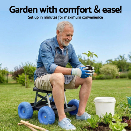 Gardeon Garden Cart Seat with Wheels, Rolling Work Stool with Tool Storage Tray, 440lbs (200kg) Heavy Duty Capacity Garden Stool for Outdoor Yard Work, Car Detailing, and Garage Maintenance, Blue/Black.