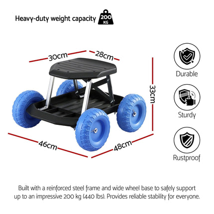 Gardeon Garden Cart Seat with Wheels, Rolling Work Stool with Tool Storage Tray, 440lbs (200kg) Heavy Duty Capacity Garden Stool for Outdoor Yard Work, Car Detailing, and Garage Maintenance, Blue/Black.