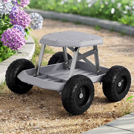 Gardeon Garden Cart Seat with Wheels, Rolling Work Stool with Tool Storage Tray, 440lbs (200kg) Heavy Duty Capacity Garden Stool for Outdoor Yard Work, Car Detailing, and Garage Maintenance, Grey/Black.