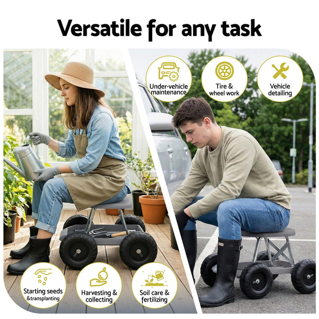 Gardeon Garden Cart Seat with Wheels, Rolling Work Stool with Tool Storage Tray, 440lbs (200kg) Heavy Duty Capacity Garden Stool for Outdoor Yard Work, Car Detailing, and Garage Maintenance, Grey/Black.