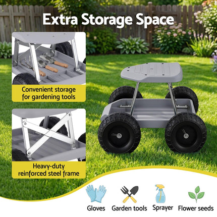 Gardeon Garden Cart Seat with Wheels, Rolling Work Stool with Tool Storage Tray, 440lbs (200kg) Heavy Duty Capacity Garden Stool for Outdoor Yard Work, Car Detailing, and Garage Maintenance, Grey/Black.