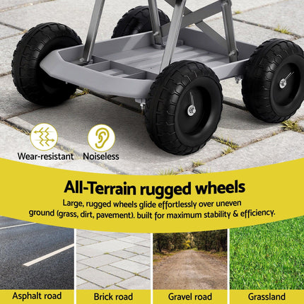 Gardeon Garden Cart Seat with Wheels, Rolling Work Stool with Tool Storage Tray, 440lbs (200kg) Heavy Duty Capacity Garden Stool for Outdoor Yard Work, Car Detailing, and Garage Maintenance, Grey/Black.