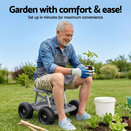 Gardeon Garden Cart Seat with Wheels, Rolling Work Stool with Tool Storage Tray, 440lbs (200kg) Heavy Duty Capacity Garden Stool for Outdoor Yard Work, Car Detailing, and Garage Maintenance, Grey/Black.