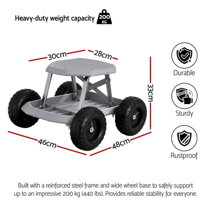 Gardeon Garden Cart Seat with Wheels, Rolling Work Stool with Tool Storage Tray, 440lbs (200kg) Heavy Duty Capacity Garden Stool for Outdoor Yard Work, Car Detailing, and Garage Maintenance, Grey/Black.
