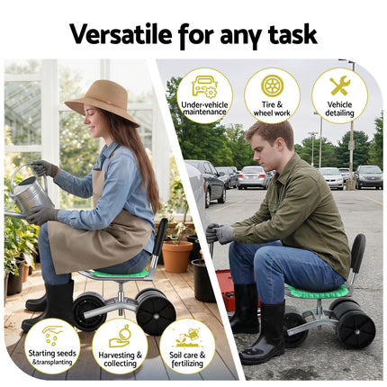 Gardeon Gardening Cart with 360° Swivel Seat | Rolling Work Seat with Adjustable Height & All-Terrain Wheels | 130KG Capacity Heavy Duty Garden Scooter for Back Pain Relief & Vehicle Detailing | Foldable Backrest & Ventilated Seat, Green.