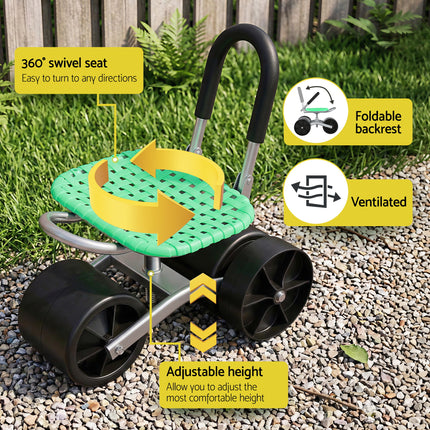 Gardeon Gardening Cart with 360° Swivel Seat | Rolling Work Seat with Adjustable Height & All-Terrain Wheels | 130KG Capacity Heavy Duty Garden Scooter for Back Pain Relief & Vehicle Detailing | Foldable Backrest & Ventilated Seat, Green.