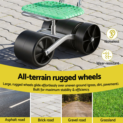 Gardeon Gardening Cart with 360° Swivel Seat | Rolling Work Seat with Adjustable Height & All-Terrain Wheels | 130KG Capacity Heavy Duty Garden Scooter for Back Pain Relief & Vehicle Detailing | Foldable Backrest & Ventilated Seat, Green.