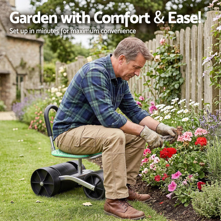 Gardeon Gardening Cart with 360° Swivel Seat | Rolling Work Seat with Adjustable Height & All-Terrain Wheels | 130KG Capacity Heavy Duty Garden Scooter for Back Pain Relief & Vehicle Detailing | Foldable Backrest & Ventilated Seat, Green.