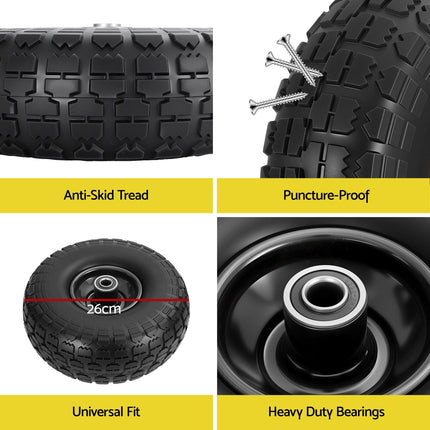 Gardeon 2pcs, 4.10/3.50-4 Tire And Wheel Flat Free, 26cm Solid Rubber Tires with 5/8 Axle Bore Hole And Double Sealed Bearings, Perfect for Wheelbarrow, Garden Cart, Wagon, Dolly.