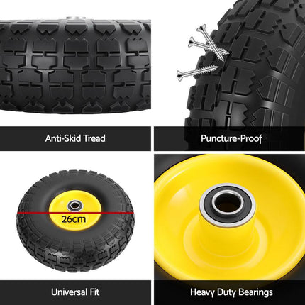 Gardeon 2pcs, 4.10/3.50-4 Tire And Wheel Flat Free, 26cm Solid Rubber Tires with 5/8 Axle Bore Hole And Double Sealed Bearings, Perfect for Wheelbarrow, Garden Cart, Wagon, Dolly.