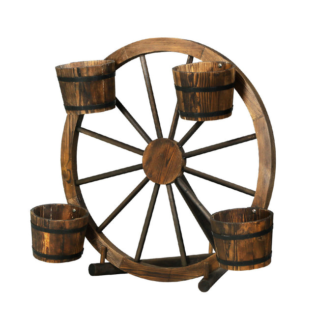 Gardeon Garden Decor Plant Stand Outdoor Ornament Wooden Wagon Wheel 80cm.