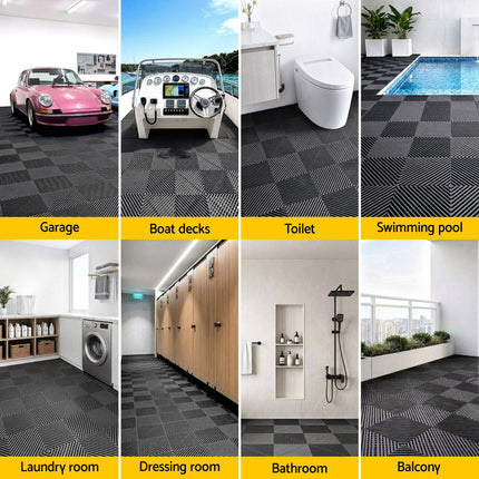 Giantz 20PCS Garage Floor Tiles Interlocking Drainage Non-Slip Tiles Heavy Duty for Workshop Black.